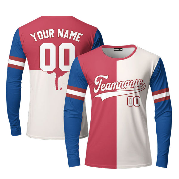 Custom Cream Red Blue Split Fashion Custom Long Sleeve T-Shirt For Men & Women