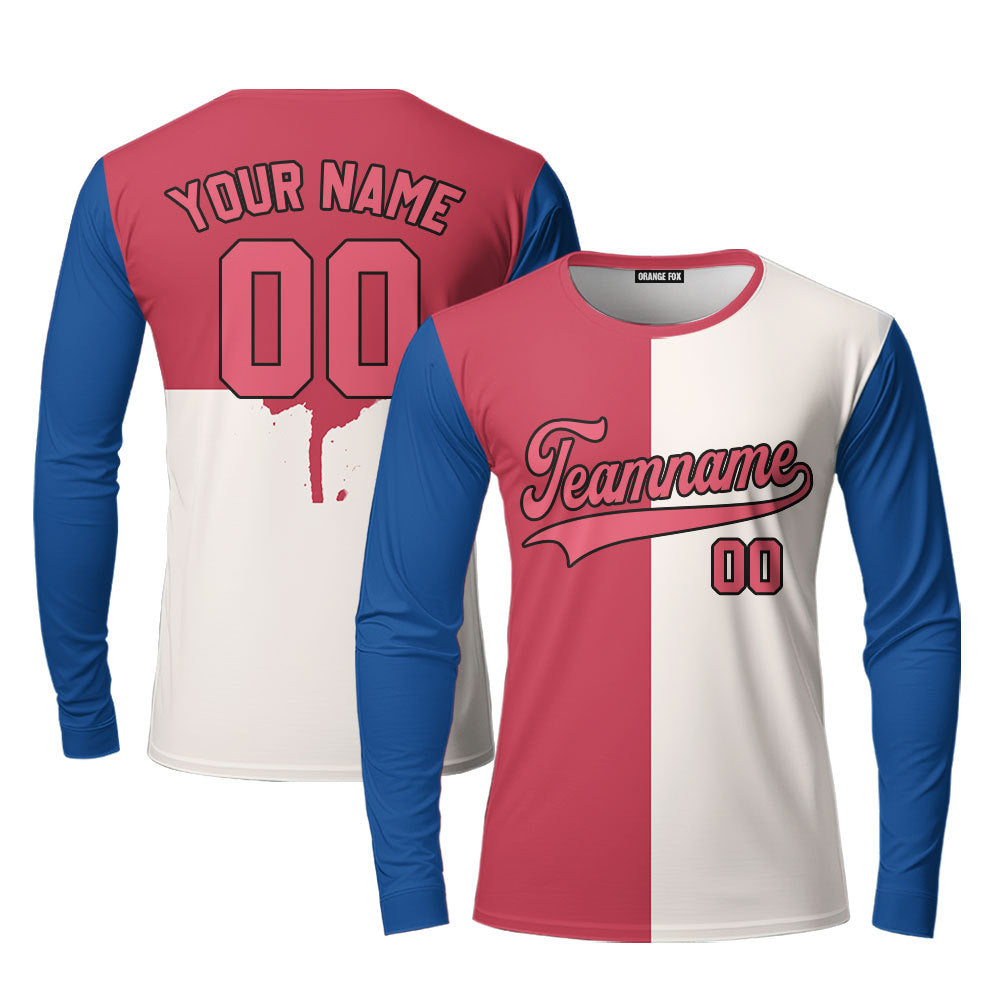 Custom Cream Red Blue White-Black Split Fashion Custom Long Sleeve T-Shirt For Men & Women