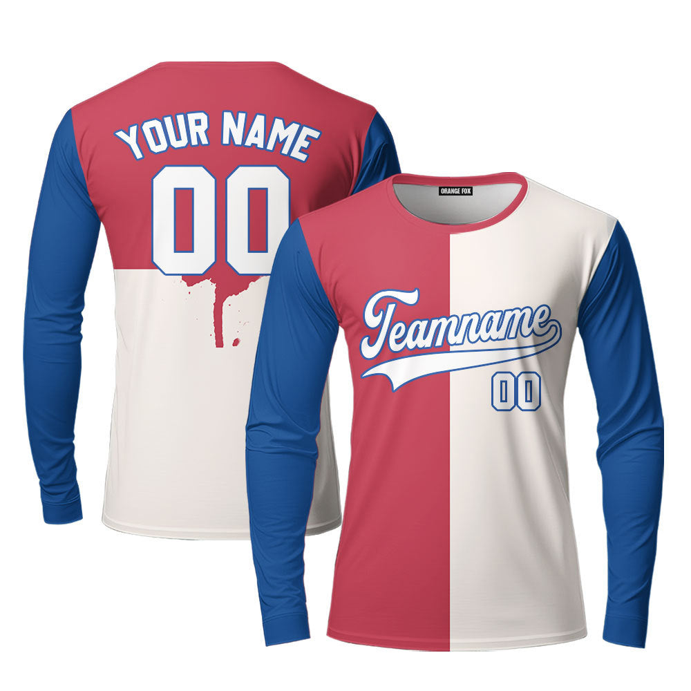 Custom Cream Red Blue White Split Fashion Custom Long Sleeve T-Shirt For Men & Women