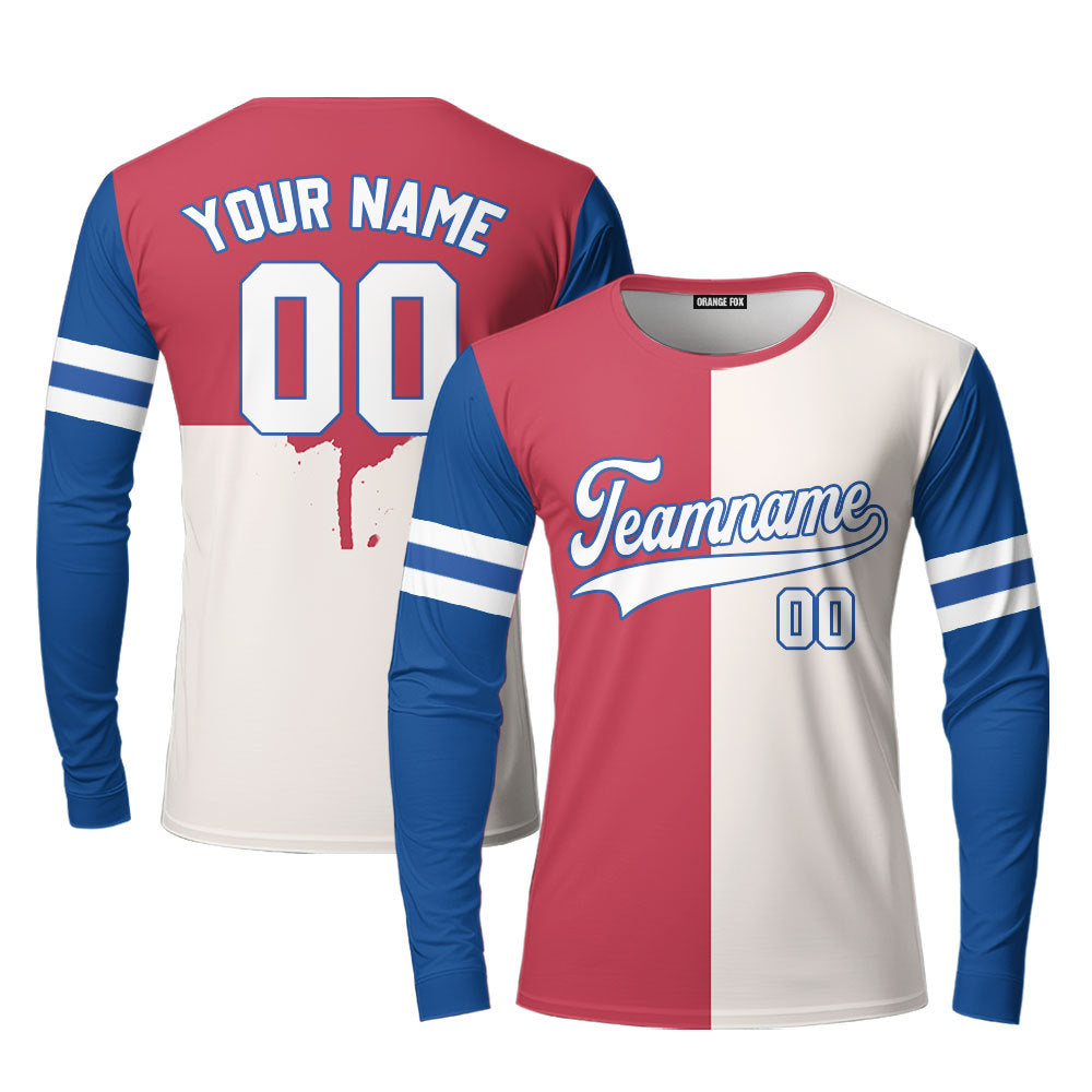 Custom Cream Red Blue White Split Fashion Custom Long Sleeve T-Shirt For Men & Women