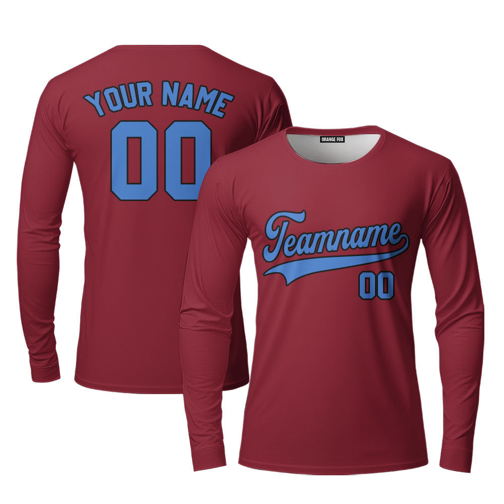 Custom Crimson Red Light Blue Custom Long Sleeve T-Shirt For Men & Women