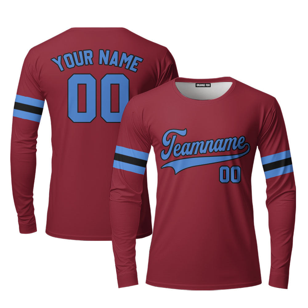 Custom Crimson Red Light Blue Custom Long Sleeve T-Shirt For Men & Women