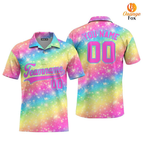 Custom Fantasy Rainbow Pattern Pink Light Blue Custom Polo Shirt For Men