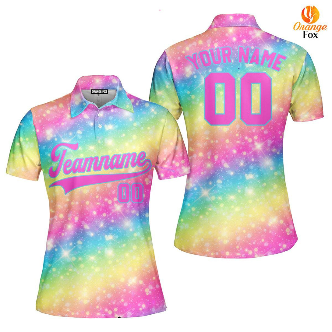 Custom Fantasy Rainbow Pattern Pink Light Blue Custom Polo Shirt For Women