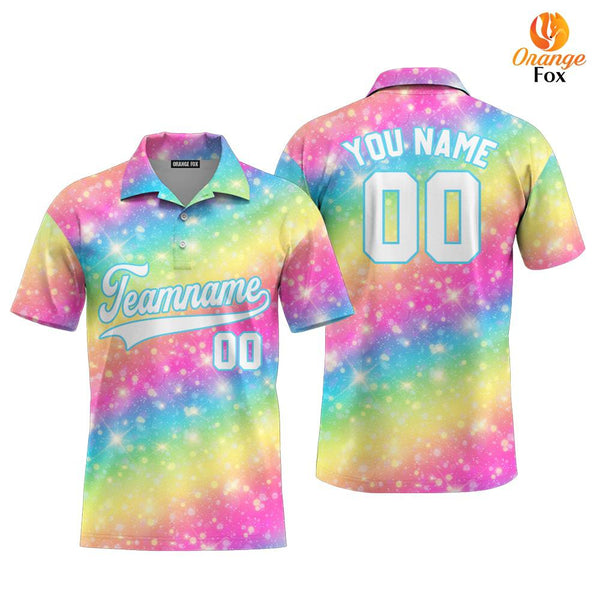 Custom Fantasy Rainbow Pattern White Light Blue Custom Polo Shirt For Men