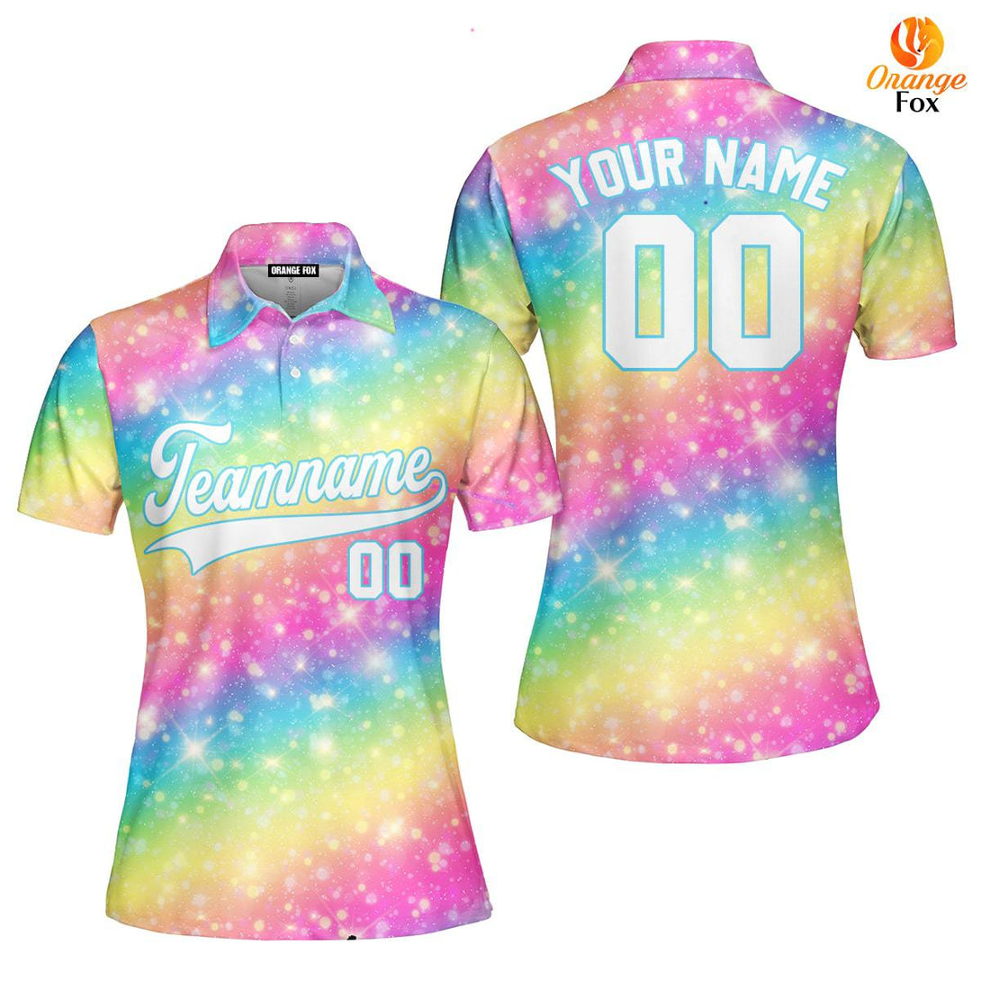 Custom Fantasy Rainbow Pattern White Light Blue Custom Polo Shirt For Women