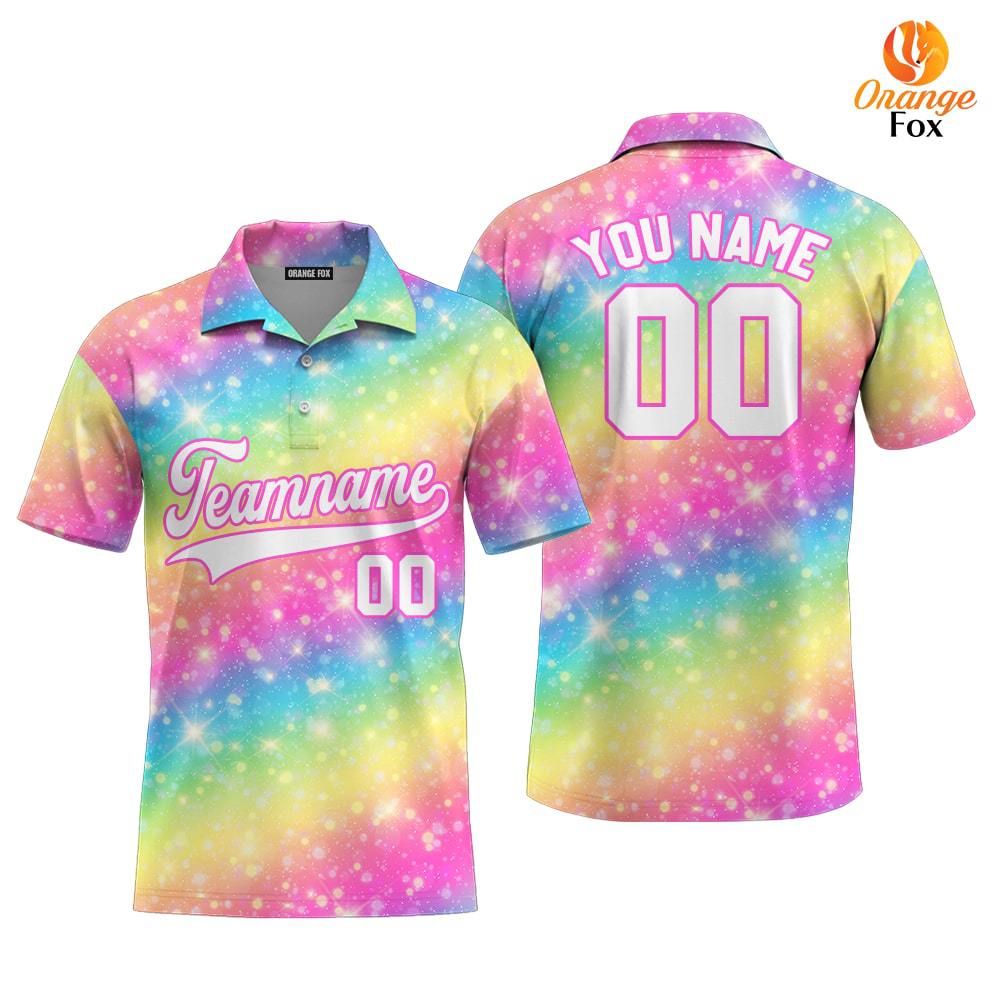 Custom Fantasy Rainbow Pattern White Pink Custom Polo Shirt For Men