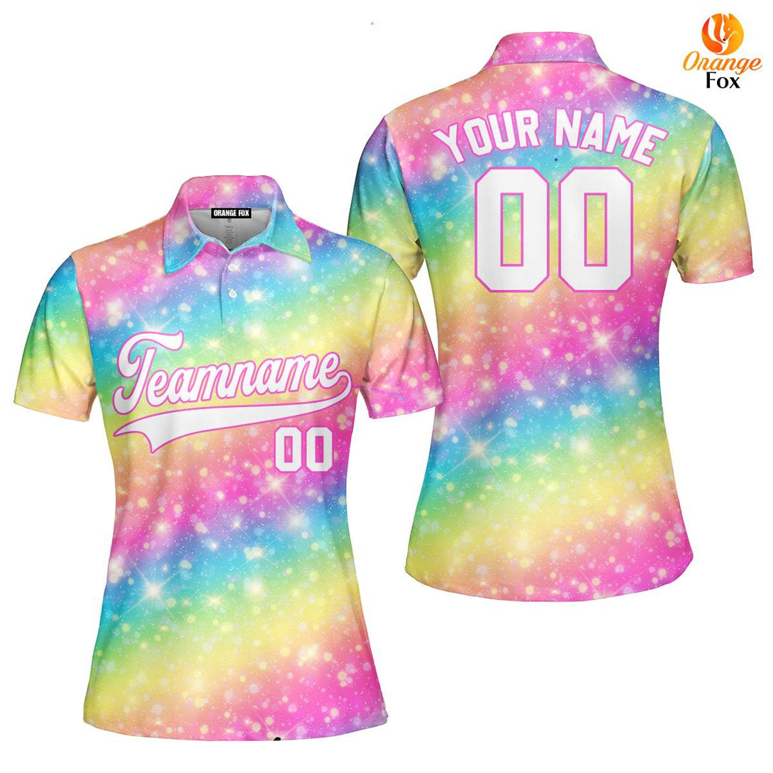 Custom Fantasy Rainbow Pattern White Pink Custom Polo Shirt For Women