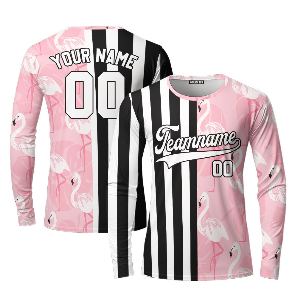 Custom Flamingo Black Stripe White - Black Split Fashion Custom Long Sleeve T-Shirt For Men & Women