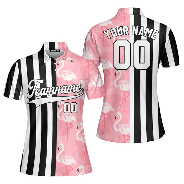 Custom Flamingo Black Stripe White - Black Split Fashion Custom Polo Shirt For Women