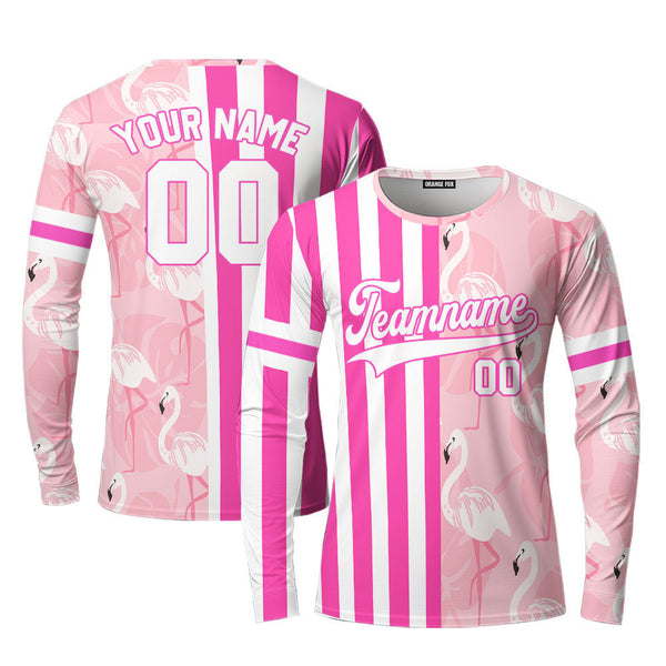 Custom Flamingo Pink Stripe Pink-Black Split Fashion Custom Long Sleeve T-Shirt For Men & Women
