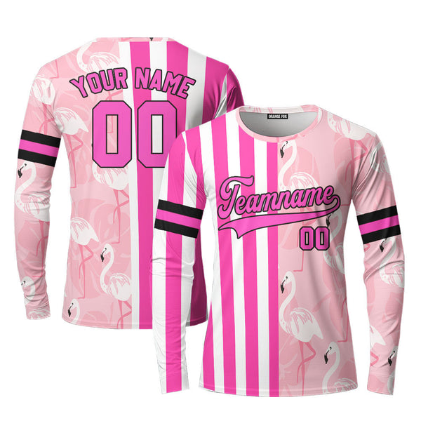 Custom Flamingo Pink Stripe White-Pink Split Fashion Custom Long Sleeve T-Shirt For Men & Women
