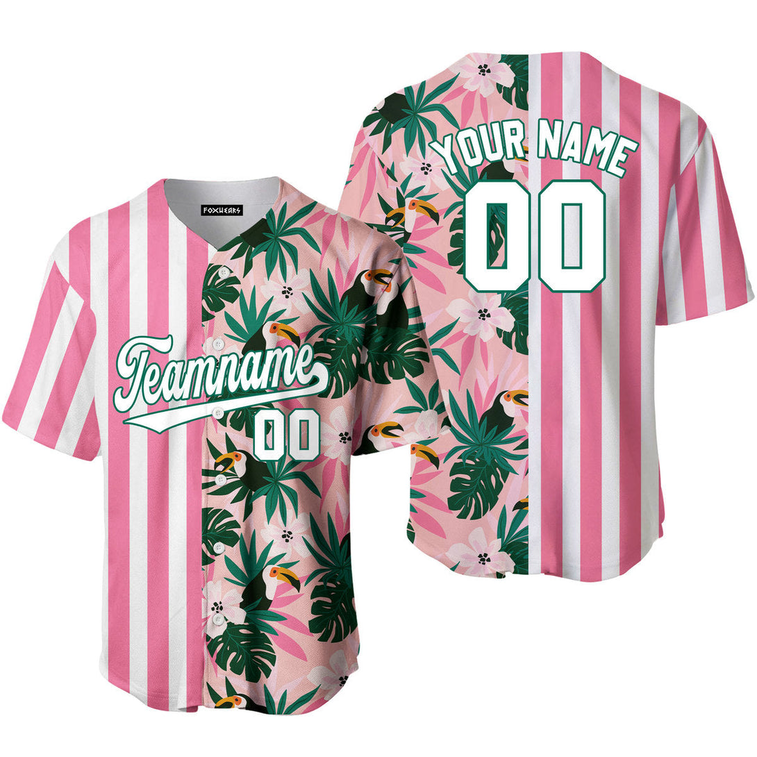 Custom Floral Pink Pinstripe White-Green Split Fashion Baseball Jerseys For Men & Women