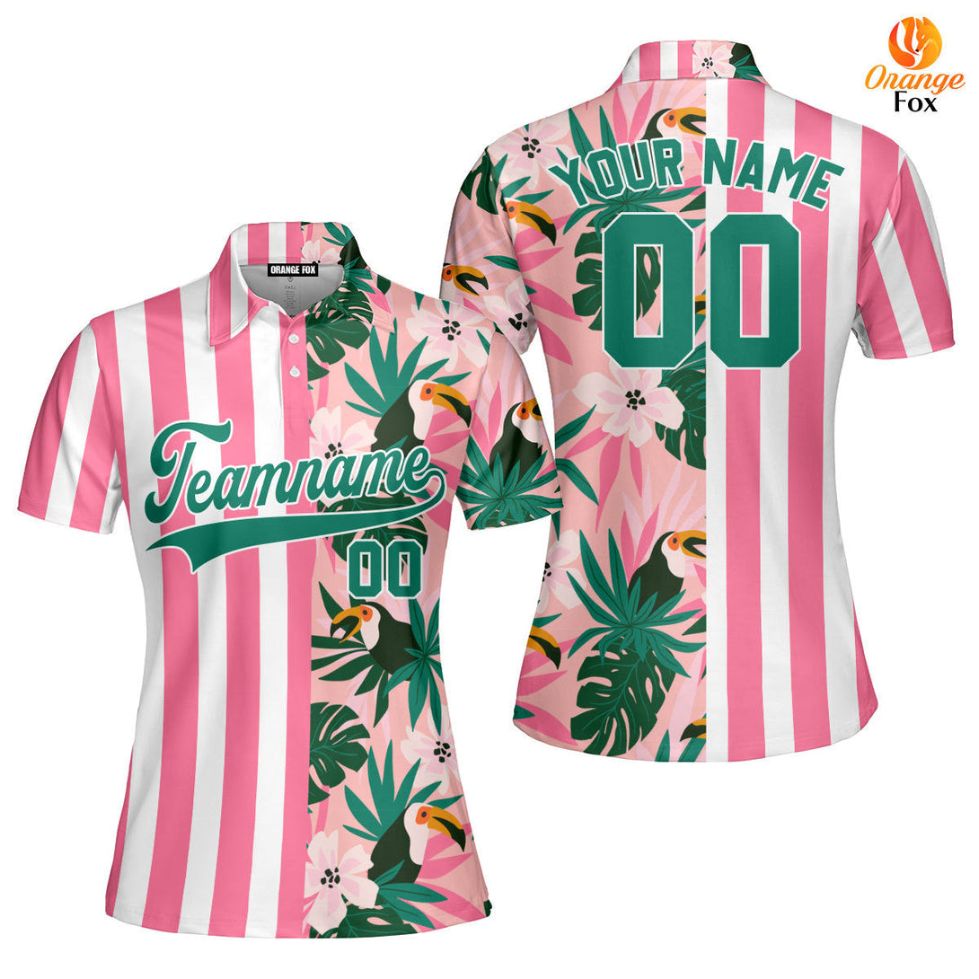 Custom Floral Pink Stripe Green-White Split Fashion Custom Polo Shirt For Women