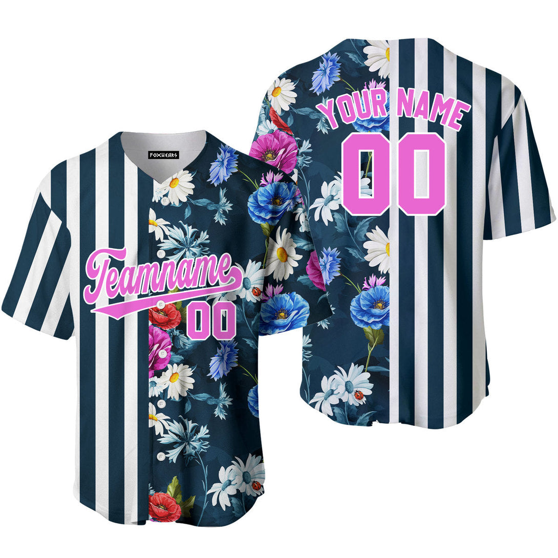 Custom Floral Teal Pinstripe Pink-White Split Fashion Baseball Jerseys For Men & Women
