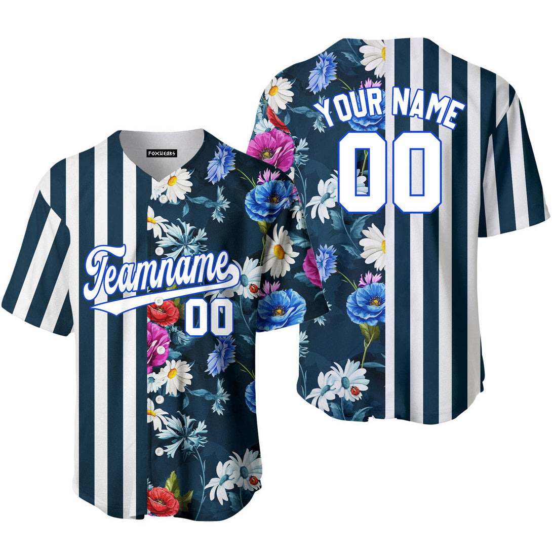 Custom Floral Teal Pinstripe White-Blue Split Fashion Baseball Jerseys For Men & Women