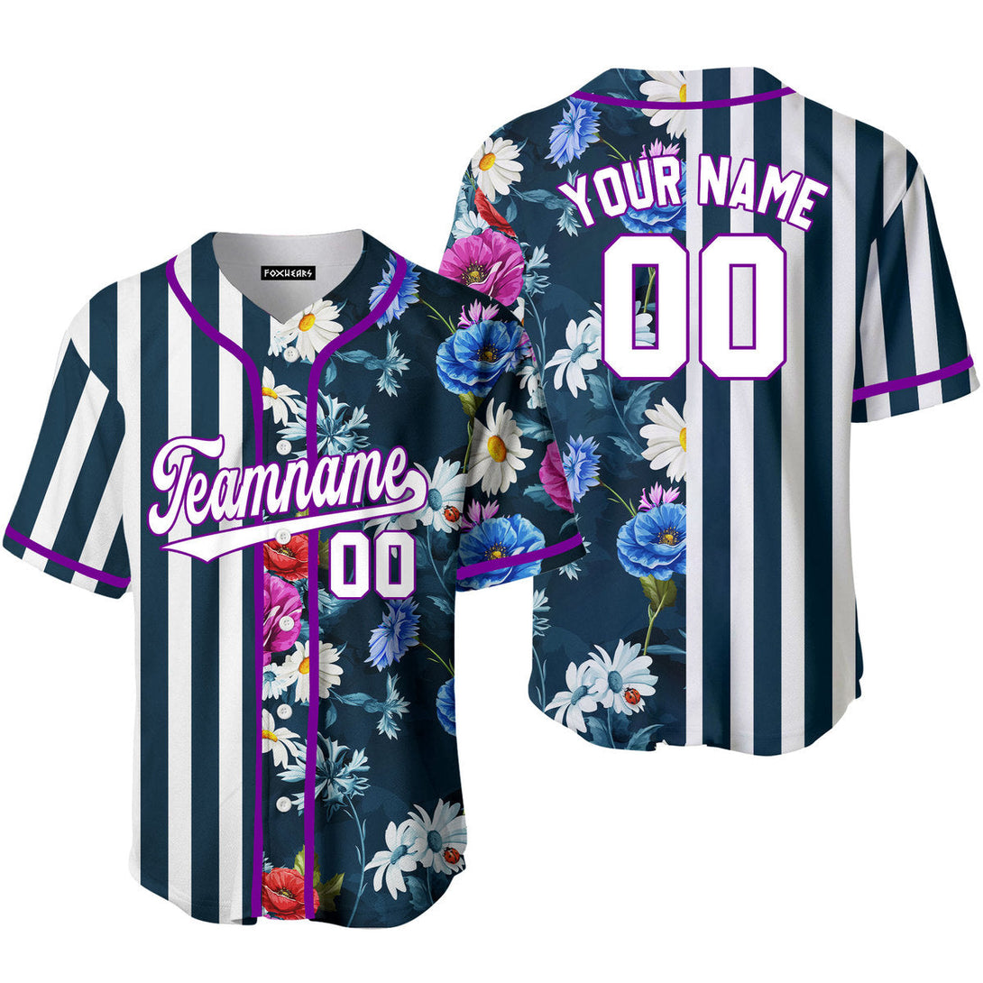 Custom Floral Teal Pinstripe White-Purple Split Fashion Baseball Jerseys For Men & Women