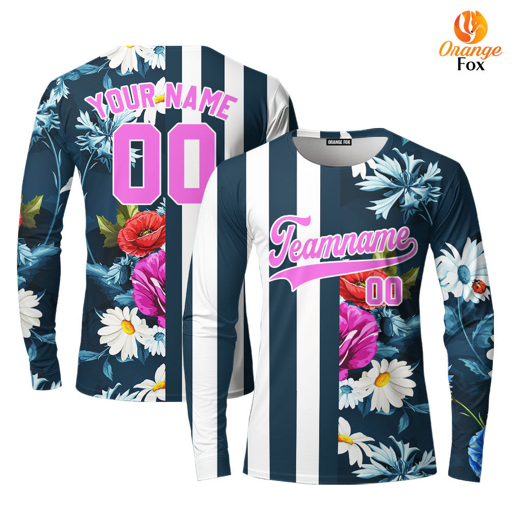 Custom Floral Teal Stripe Pink-White Split Fashion Custom Long Sleeve T-Shirt For Men & Women