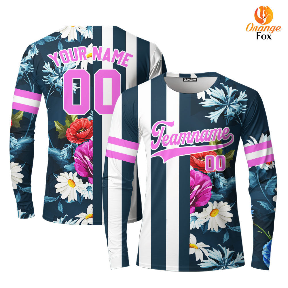 Custom Floral Teal Stripe Pink-White Split Fashion Custom Long Sleeve T-Shirt For Men & Women