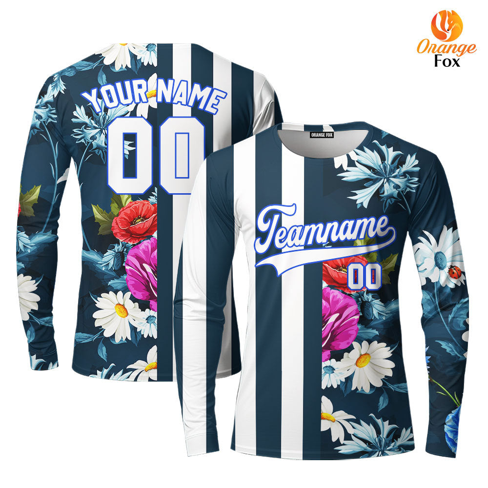 Custom Floral Teal Stripe White-Blue Split Fashion Custom Long Sleeve T-Shirt For Men & Women