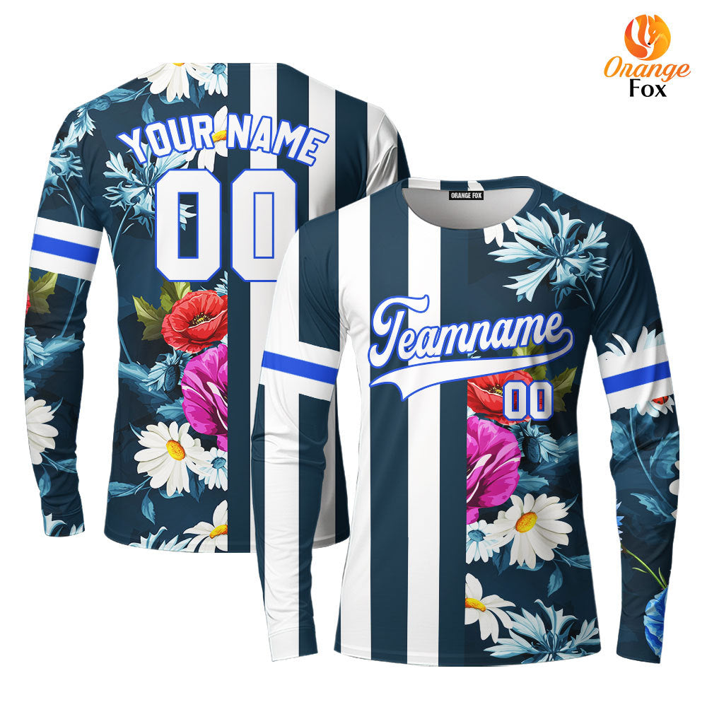 Custom Floral Teal Stripe White-Blue Split Fashion Custom Long Sleeve T-Shirt For Men & Women