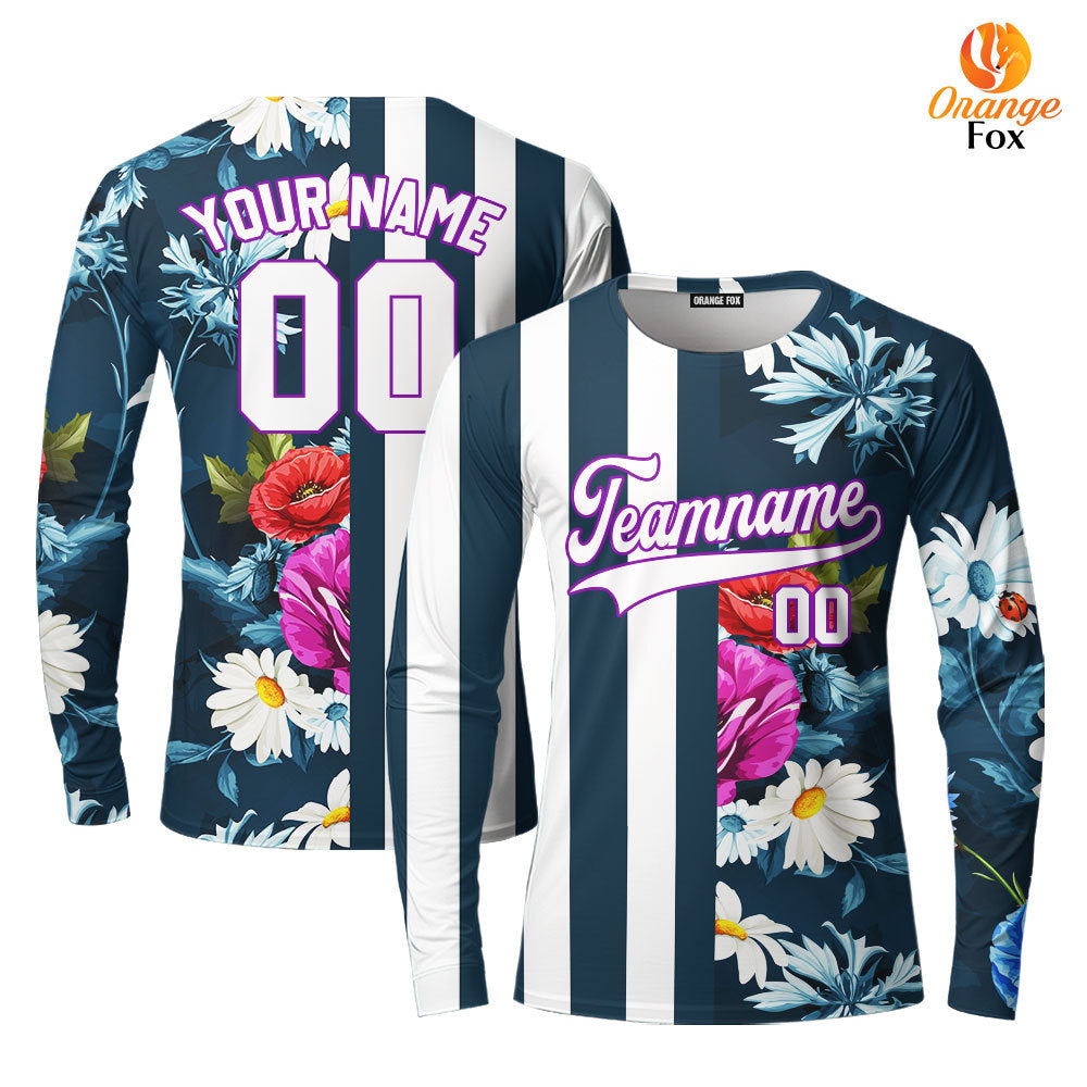 Custom Floral Teal Stripe White-Purple Split Fashion Custom Long Sleeve T-Shirt For Men & Women