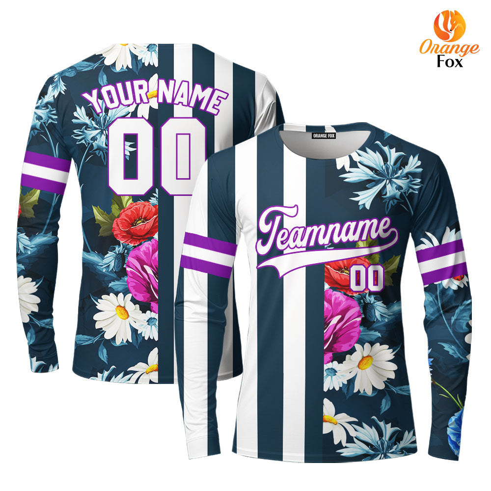 Custom Floral Teal Stripe White-Purple Split Fashion Custom Long Sleeve T-Shirt For Men & Women