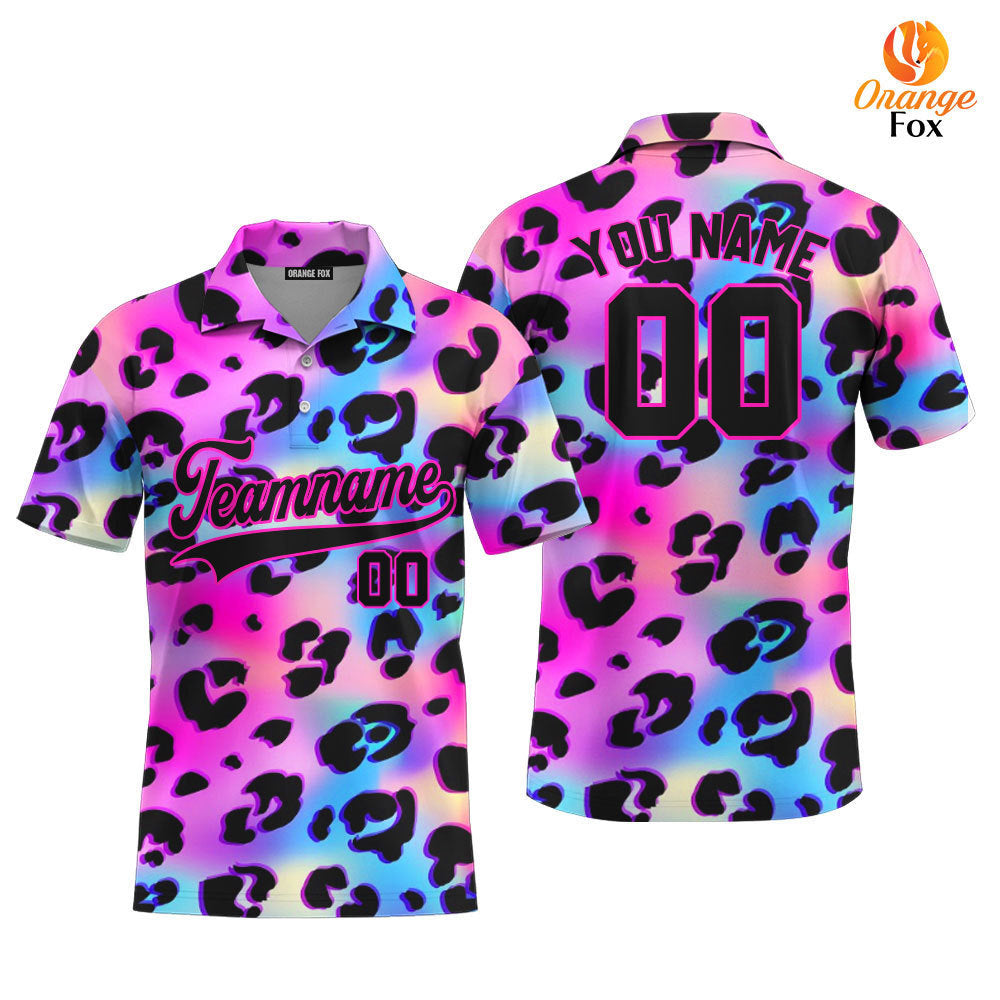 Custom Galaxy Leopard Pattern Black Pink Custom Polo Shirt For Men