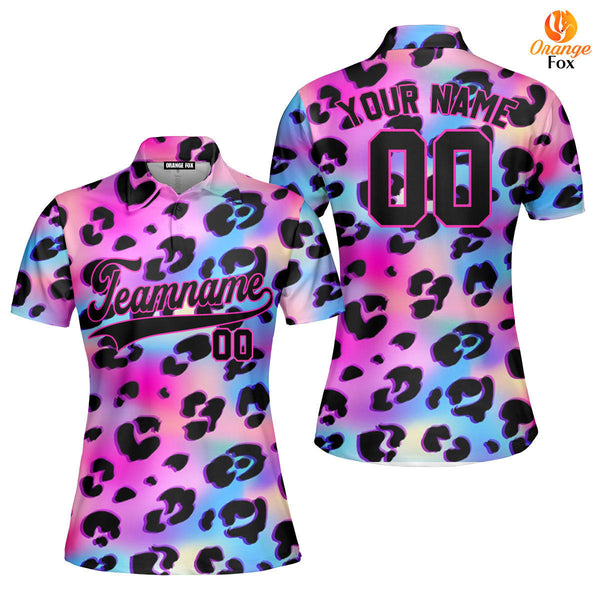 Custom Galaxy Leopard Pattern Black Pink Custom Polo Shirt For Women