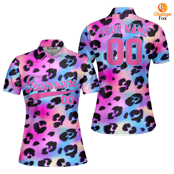 Custom Galaxy Leopard Pattern Pink Light Blue Custom Polo Shirt For Women