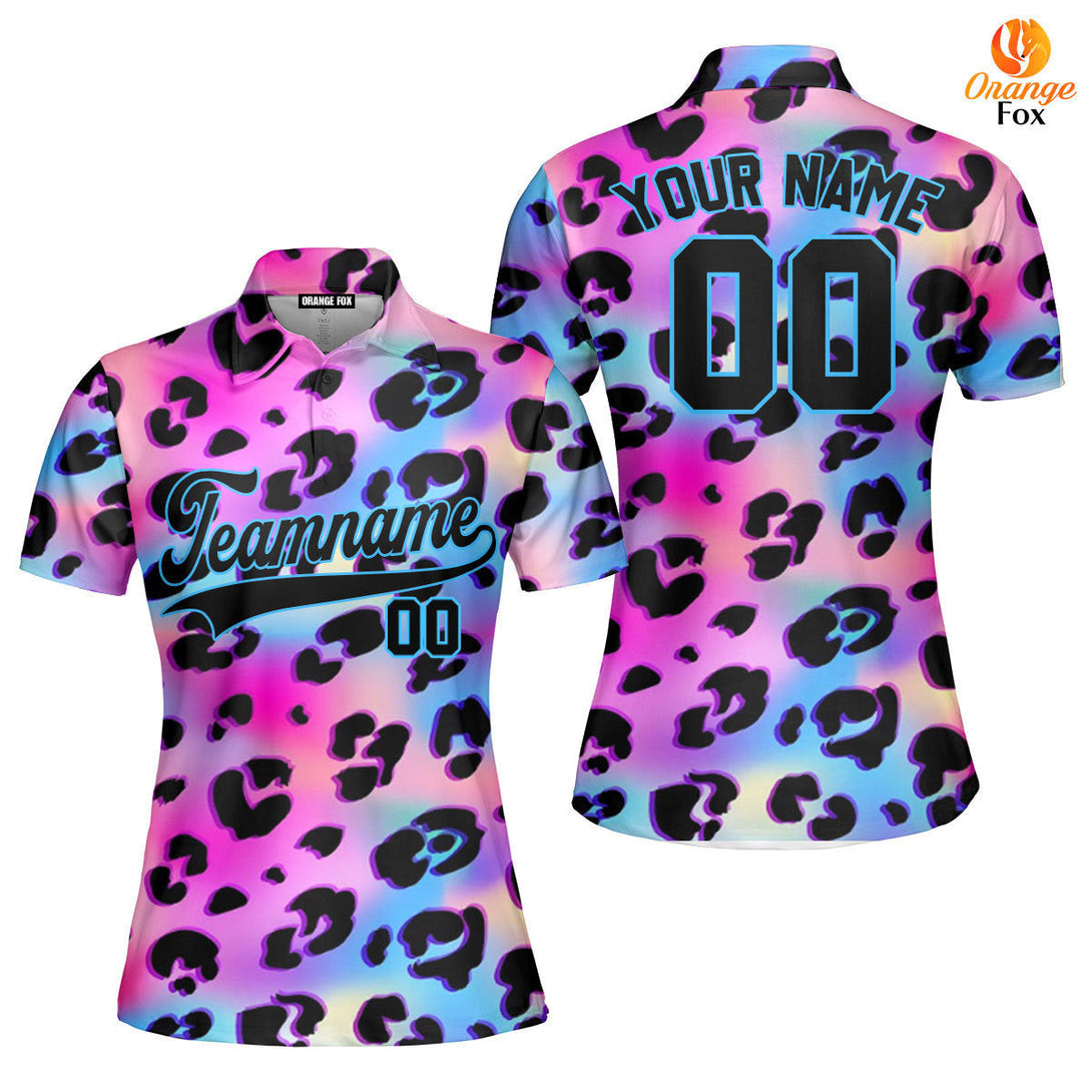 Custom Galaxy Leopard Pattern black Light Blue Custom Polo Shirt For Women