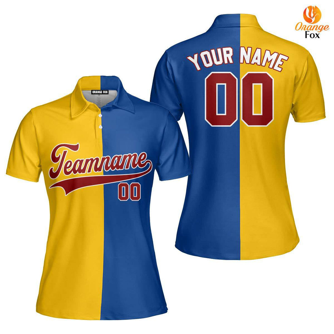 Custom Gold Royal Crimson Split Fashion Custom Polo Shirt For Women