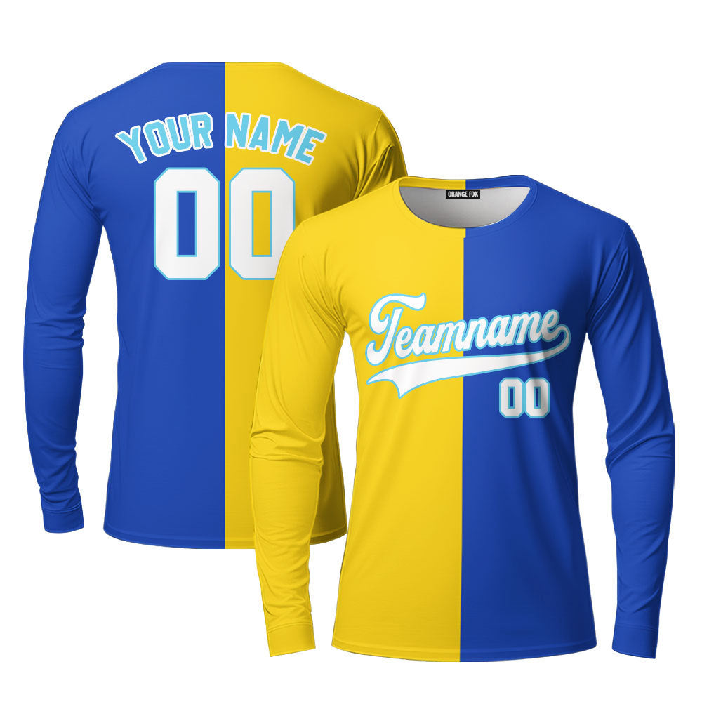 Custom Gold Royal Light Blue Split Fashion Custom Long Sleeve T-Shirt For Men & Women