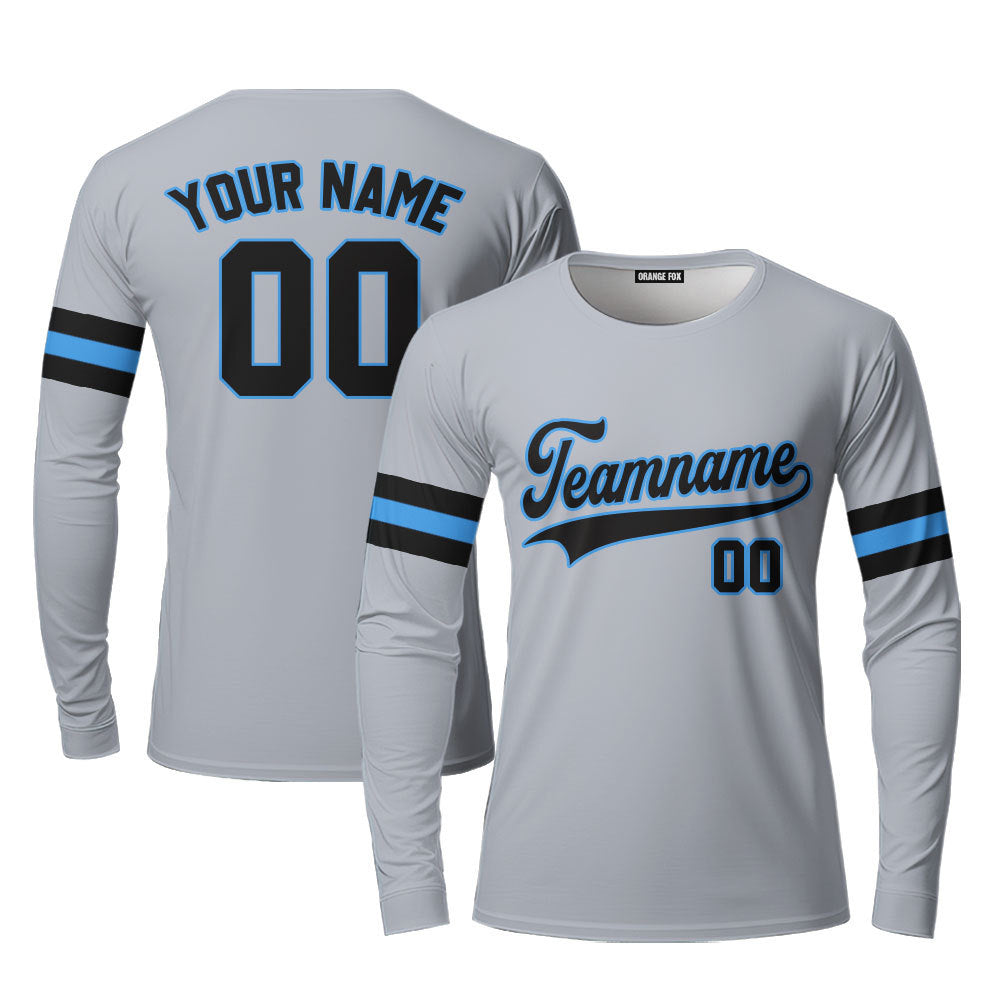 Custom Gray Black - Light Blue Custom Long Sleeve T-Shirt For Men & Women