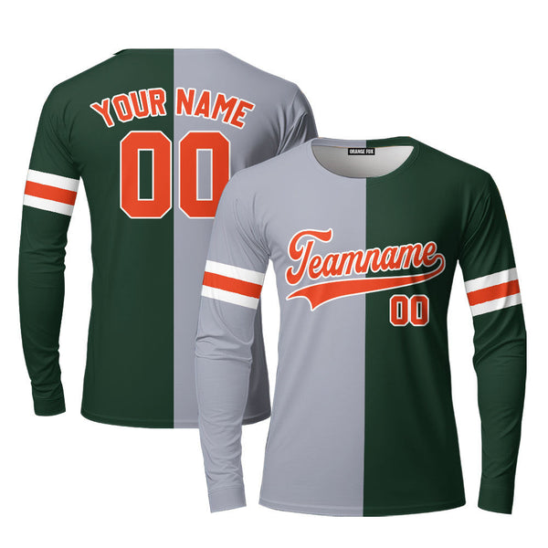 Custom Gray Kelly Green Orange Split Fashion Custom Long Sleeve T-Shirt For Men & Women