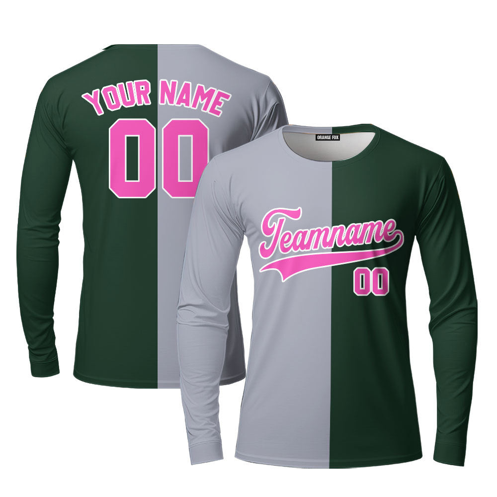 Custom Gray Kelly Green Pink Split Fashion Custom Long Sleeve T-Shirt For Men & Women