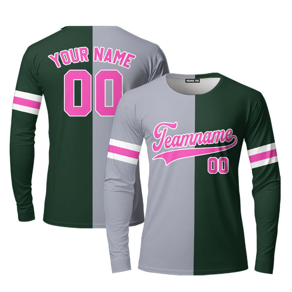 Custom Gray Kelly Green Pink Split Fashion Custom Long Sleeve T-Shirt For Men & Women