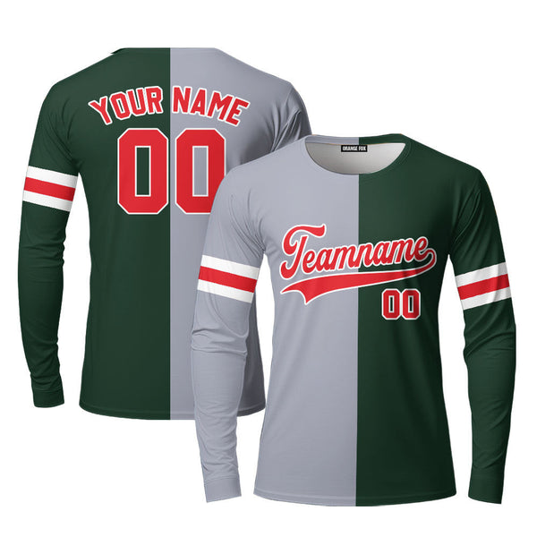 Custom Gray Kelly Green Red Split Fashion Custom Long Sleeve T-Shirt For Men & Women