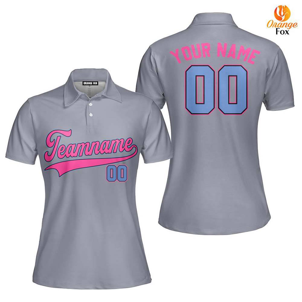 Custom Gray Pink Light Blue Custom Polo Shirt For Women