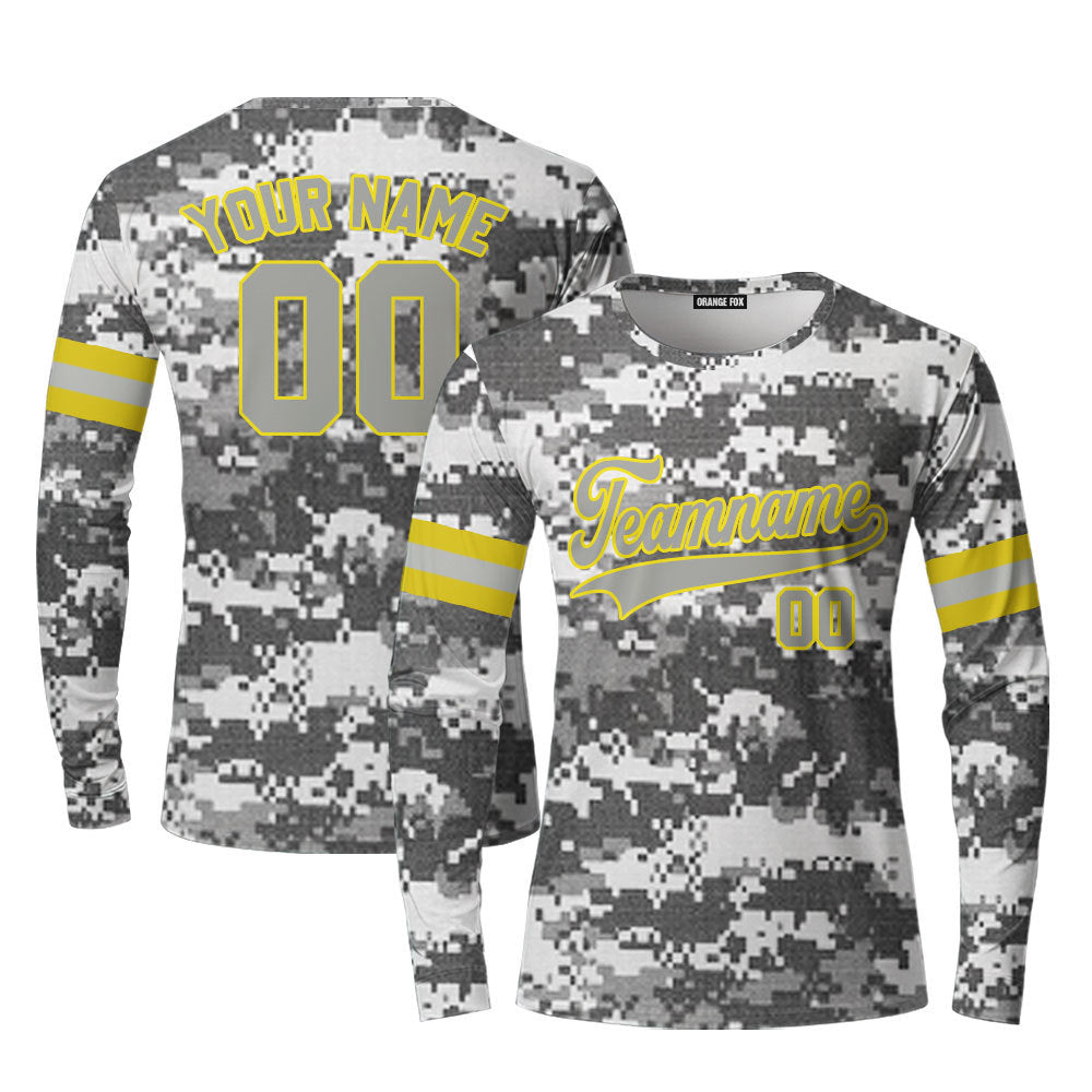 Custom Gray Pixel USA Camoflage Brown White Custom Long Sleeve T-Shirt For Men & Women