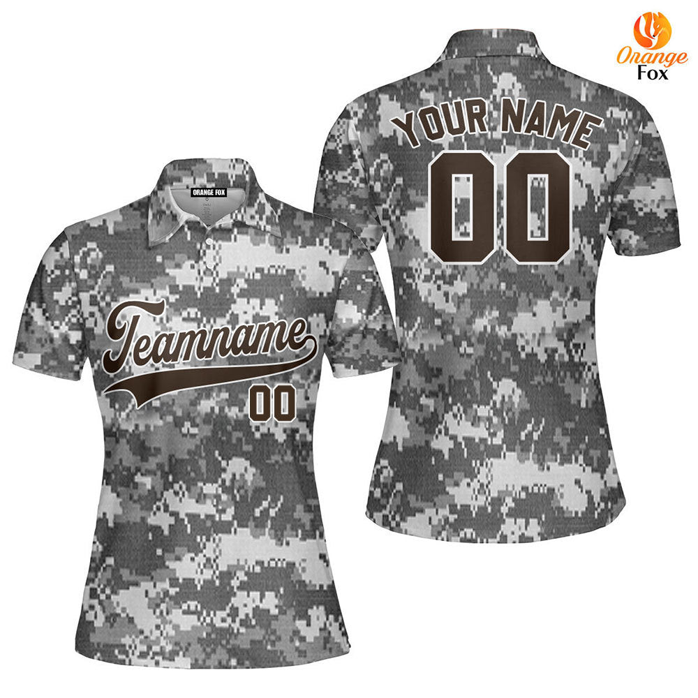 Custom Gray Pixel USA Camoflage Brown White Custom Polo Shirt For Women