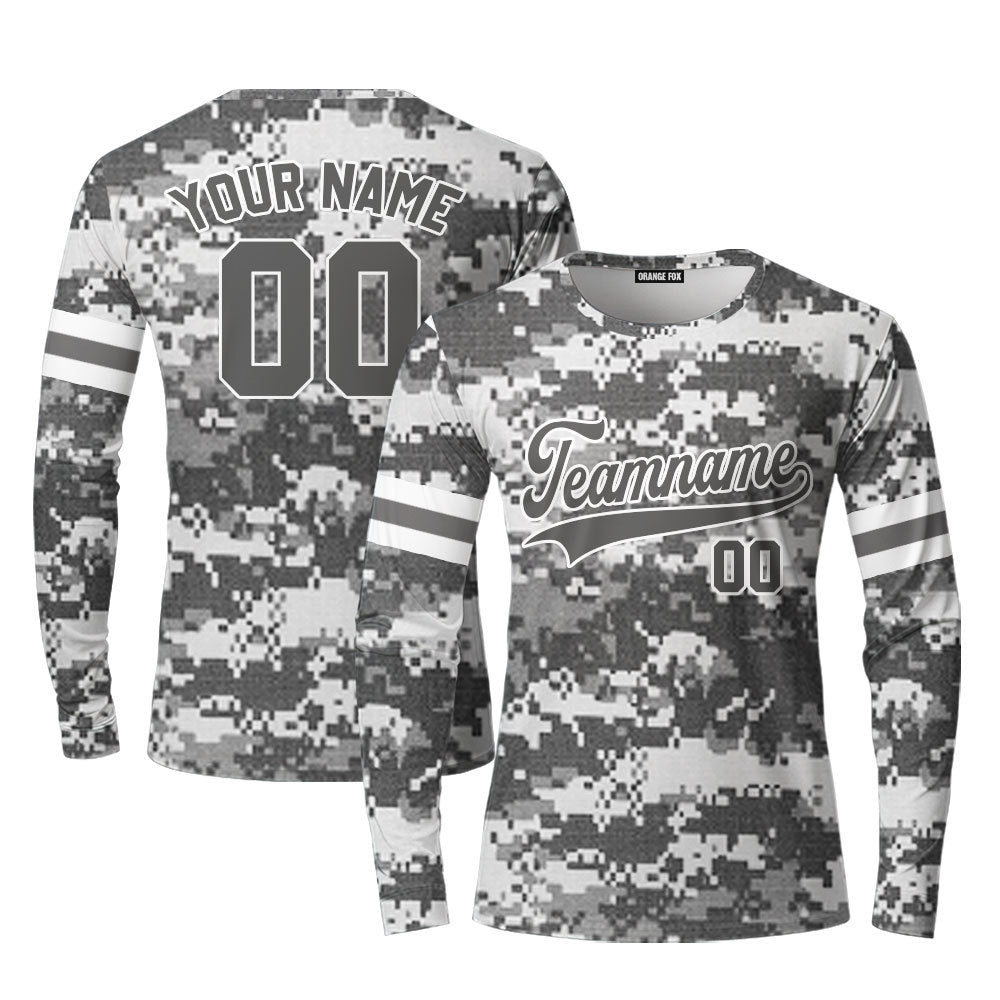 Custom Gray Pixel USA Camoflage Gray Cream Custom Long Sleeve T-Shirt For Men & Women