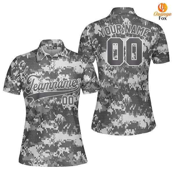 Custom Gray Pixel USA Camoflage Gray White Custom Polo Shirt For Women