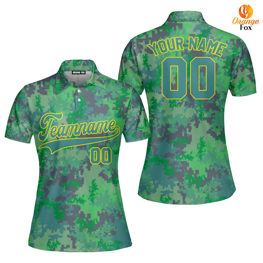 Custom Green Pixel Camo Green Yellow Custom Polo Shirt For Women