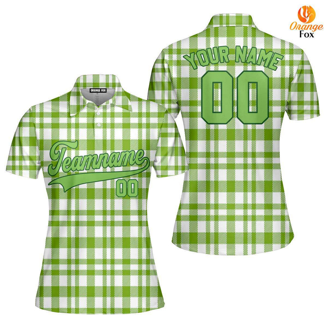 Custom Green Tartan Pattern Neon Green Custom Polo Shirt For Women