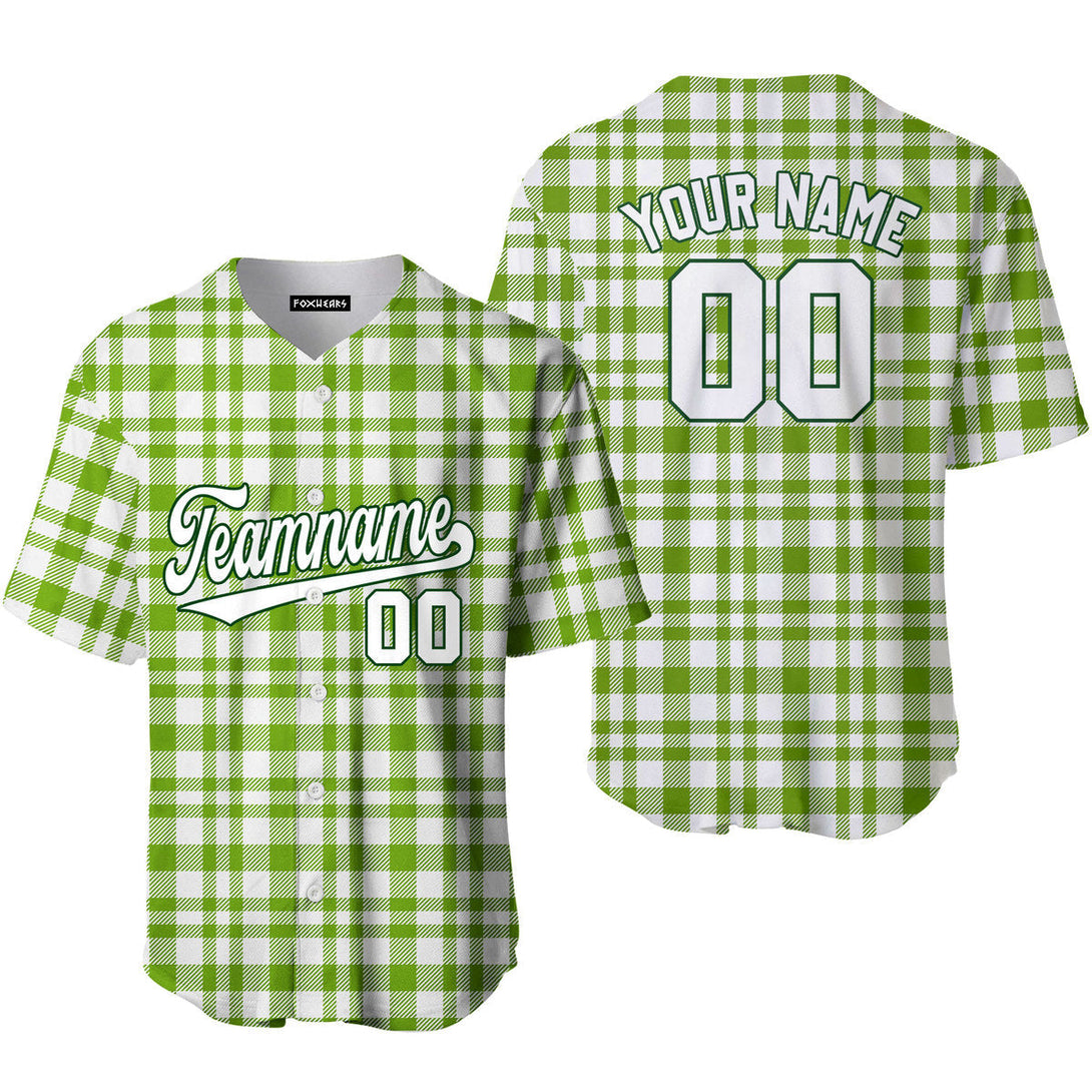 Custom Green Tartan Pattern White Green Custom Baseball Jerseys For Men & Women