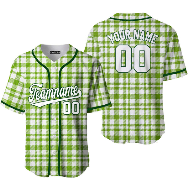 Custom Green Tartan Pattern White Green Custom Baseball Jerseys For Men & Women