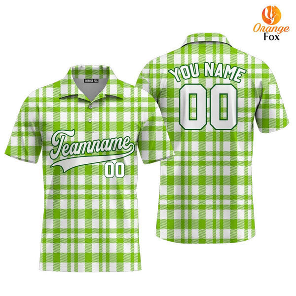 Custom Green Tartan Pattern White Green Custom Polo Shirt For Men