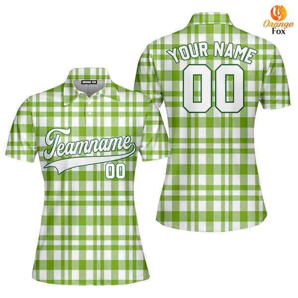 Custom Green Tartan Pattern White Green Custom Polo Shirt For Women