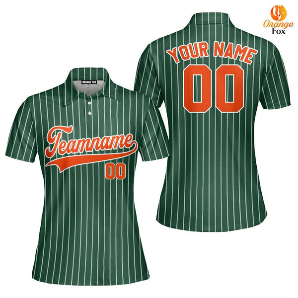 Custom Green White Pinstripe Orange Custom Polo Shirt For Women